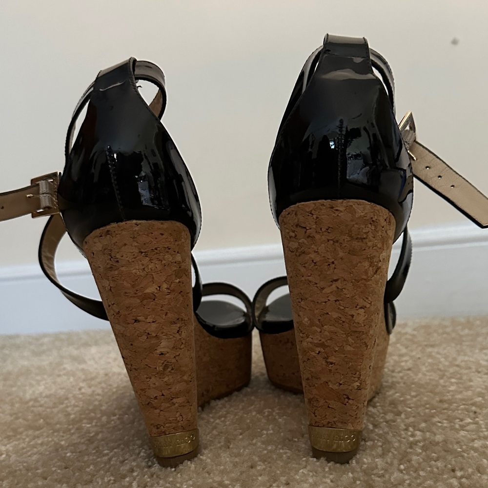 Jimmy Choo Black Patent Cork Wedge Sandals - Women - Picture 4 of 4